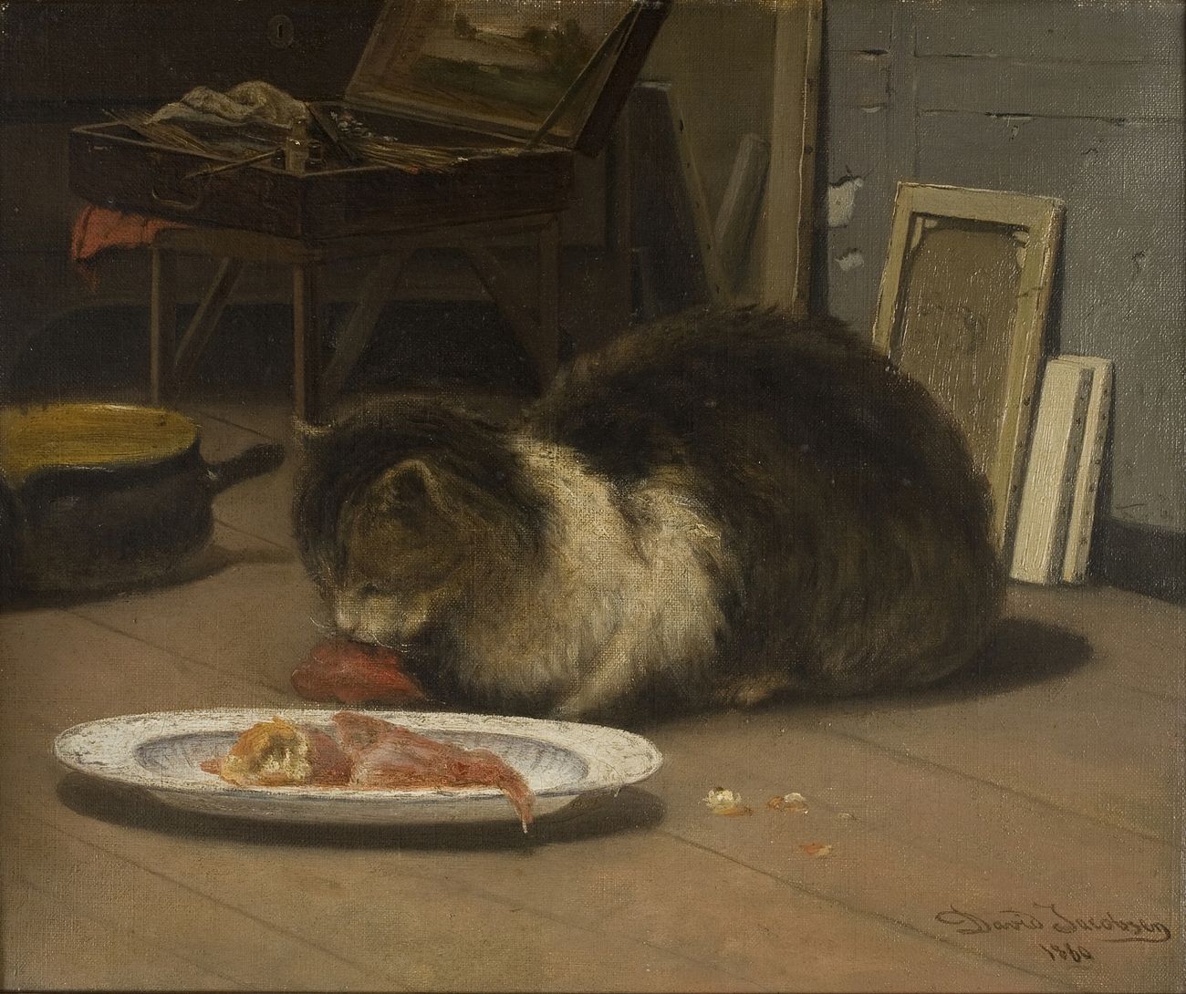Painting of a cat eating flesh on a white plate